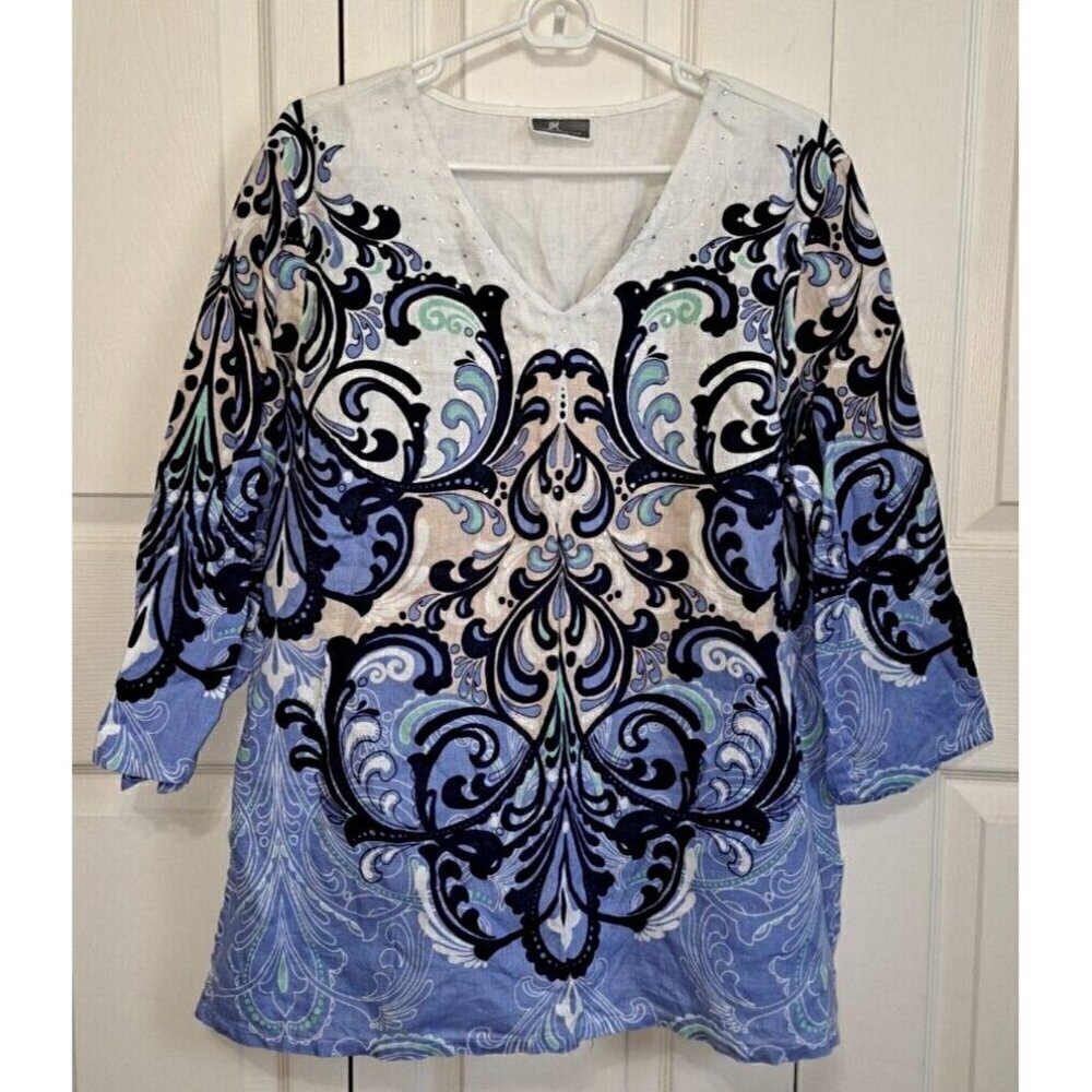 JM Collection Women's L Multicolor Paisley Linen 3/4 Sleeve Tunic Rhinestones
